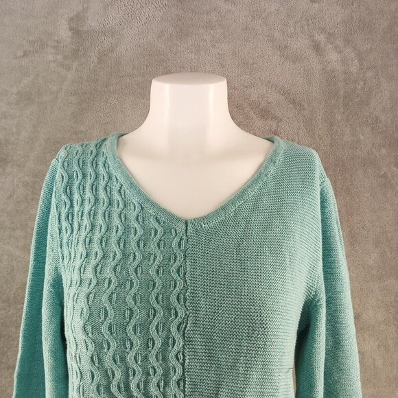 NWT KAREN SCOTT Textured Patchwork Sweater MEDIUM(8-10) Teal Aqua Cotton V-neck - Picture 3 of 12